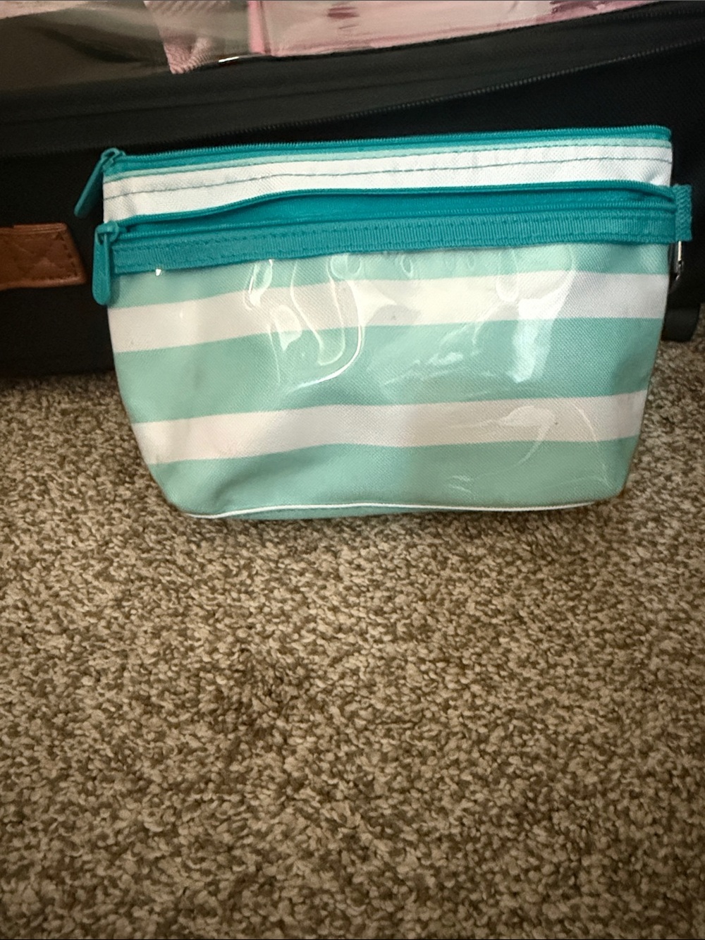 Striped Mint & White Cosmetic Pouch with Teal Zipper